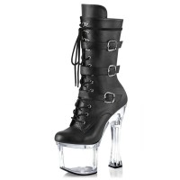 Round Toe Ankle Highs Transparent Platforms Chunky Heels Lace Up Buckle Straps Pole Pumps Booties - Black