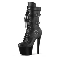 Round Toe Ankle Highs Black Platforms Stiletto Heels Lace Up Buckle Straps Pole Pumps Booties - Black