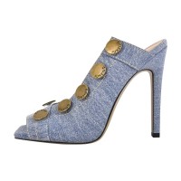 Peep Toe Stiletto Heels Button Decorated Fashion Elements Summer Sandals - Blue Denim