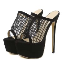 Peep Toe Stiletto Heels Platforms Slip On Mesh Summer Sandals - Black Flock
