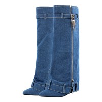 Pointed Toe Knee High Shark Lock Side Zipper Pants Wedges Boots - Blue