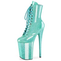 Round Toe Stiletto Heels Pearlescent Crystal Glitter Lace Up Platforms Ankle Highs Boots - Light Green