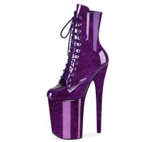 Round Toe Stiletto Heels Pearlescent Crystal Glitter Lace Up Platforms Ankle Highs Boots - Purple