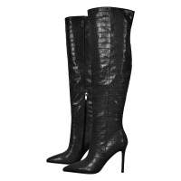 Pointed Toe Stiletto Heels Over The Knee Thigh High Crocodile Pattern Zipper Boots - Black Faux Leather