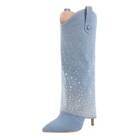 Pointed Toe Knee High Fold Down Pull On Stiletto High Heels Rhinestones Boots - Light Blue
