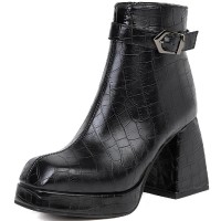 Square Toe Chunky Heels Ankle High Buckle Straps Snake Print Boots - Black