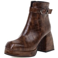 Square Toe Chunky Heels Ankle High Buckle Straps Snake Print Boots - Auburn