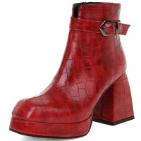 Square Toe Chunky Heels Ankle High Buckle Straps Snake Print Boots - Red