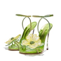 Peep Toe Stiletto Heels Netfish Flowers Ankle Buckle Straps Sandals - Green