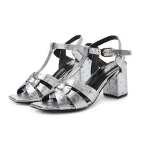 Square Toe Chunky Heels Ankle Buckle T Straps Ostrich Texture Beach Shoes Sandals - Silver Leather