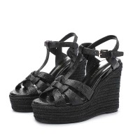 Peep Toe Hemb Rope Platforms Ankle Buckle T Straps Ostrich Texture Summer Wedges Sandals - Black Leather