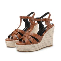 Peep Toe Hemb Rope Platforms Ankle Buckle T Straps Ostrich Texture Summer Wedges Sandals - Brown Leather