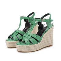 Peep Toe Hemb Rope Platforms Ankle Buckle T Straps Ostrich Texture Summer Wedges Sandals - Green Leather