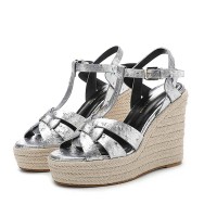 Peep Toe Hemb Rope Platforms Ankle Buckle T Straps Ostrich Texture Summer Wedges Sandals - Silver Leather