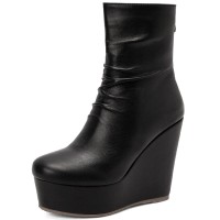 Round Toe Ankle High Back Zipper Wedges Boots - Black