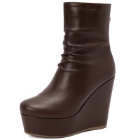 Round Toe Ankle High Back Zipper Wedges Boots - Auburn