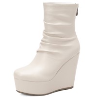 Round Toe Ankle High Back Zipper Wedges Boots - White