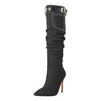 Pointed Toe Knee High Mid Calf Denim Stiletto Heels Buckle Straps Boots - Black