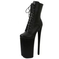 Round Toe Stiletto Heels Snake Pattern Lace Up Platforms Ankle Highs Boots - Black