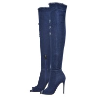Peep Toe Knee High Denim Stiletto Heels Side Zipper Boots - Dark Blue