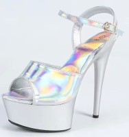 Peep Toe Stiletto Heels Glossy Laser Color Ankle Buckle Straps Platforms Pumps - Silver