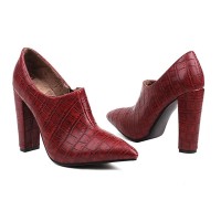 Pointed Toe Chunky Heels Crocodile Texture Side Zipper Pumps - Red