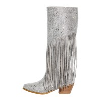 Pointed Toe Chunky Heels Fringe Rhinestones Blings Knee High Zipper Western Boots - Silver