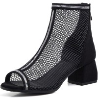 Peep Toe Chunky Heels Fishnet Rhinestones Ankle High Back Zipper Summer Boots - Black