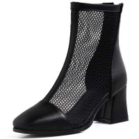 Round Toe Chunky Heels Fishnet Ankle High Back Zipper Summer Boots - Black