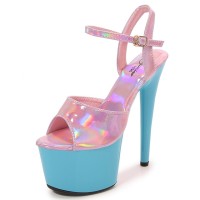 Peep Toe Stiletto Heels Glossy Multicolor Patent Ankle Buckle Straps Platforms Pumps - Lightblue Pink