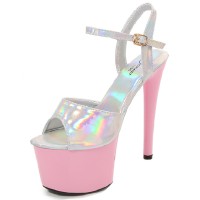 Peep Toe Stiletto Heels Glossy Multicolor Patent Ankle Buckle Straps Platforms Pumps - Pink Silver