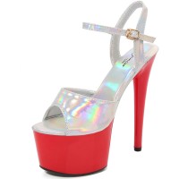 Peep Toe Stiletto Heels Glossy Multicolor Patent Ankle Buckle Straps Platforms Pumps - Red Silver