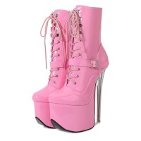 Round Toe Transparent Stiletto Heels Buckle Straps Lace Up Platforms Ankle Highs Boots - Pink
