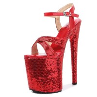 Peep Cross Toe Stiletto Heels Bling Sequined Ankle Buckle Straps Platforms Pumps - Red