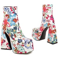 Square Toe Chunky Heels Flower Pattern Ankle High Zipper Platforms Autumn Boots - Blue