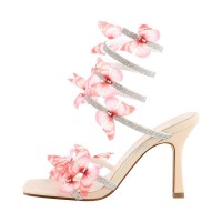 Peep Toe Kitten Heels Rhinestones Butterfly Gladiator Straps Sandals - Pink