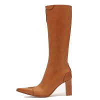 Pointed Toe Chunky Heels Side Zipper Patchwork Knee Highs Boots - Brown