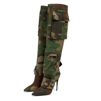 Pointed Toe Chunky Heels Over the Knee Camouflage Denim Boots - Multicolor