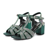 Square Toe Chunky Heels Ankle Buckle T Straps Water Diamond Glitters Beach Shoes Sandals - Army Green Leather