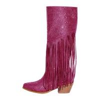 Pointed Toe Chunky Heels Fringe Rhinestones Blings Knee High Zipper Western Boots - Hot Pink