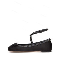 Round Toe Rivet Decorated Bowknot Flats Ankle Straps Ballets - Black