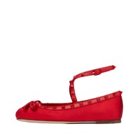 Round Toe Rivet Decorated Bowknot Flats Ankle Straps Ballets - Red