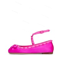 Round Toe Rivet Decorated Bowknot Flats Ankle Straps Ballets - Rose Red