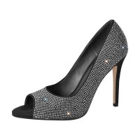 Peep Toe Stiletto Heels Rhinestones Summer Classic Pumps - Black