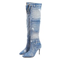 Pointed Toe Chunky Heels Over the Knee Denim Pockets Decorated Luxury Boots - Blue