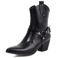 Pointed Toe Chunky Heels Ankle High Crocodile Pattern Ring with Buckle Straps Decorated Cowboy Cowgirl Booties - Black