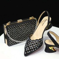 Peep Toe Rhinestones Chunky Heels Slingback Sandals Pumps with Bag  - Black Synthetic