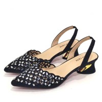 Peep Toe Rhinestones Chunky Heels Slingback Sandals Pumps - Black Synthetic