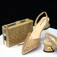 Peep Toe Rhinestones Chunky Heels Slingback Sandals Pumps with Bag  - Gold Synthetic
