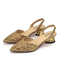 Peep Toe Rhinestones Chunky Heels Slingback Sandals Pumps - Gold Synthetic